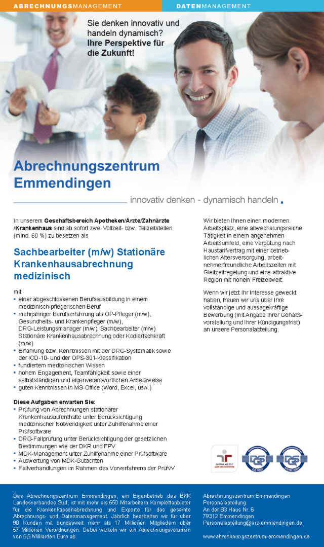 Abrechnungszentrum Emmendingen: Sachbearbeiter Stationäre Krankenhausabrechnung medizinisch (m/w)