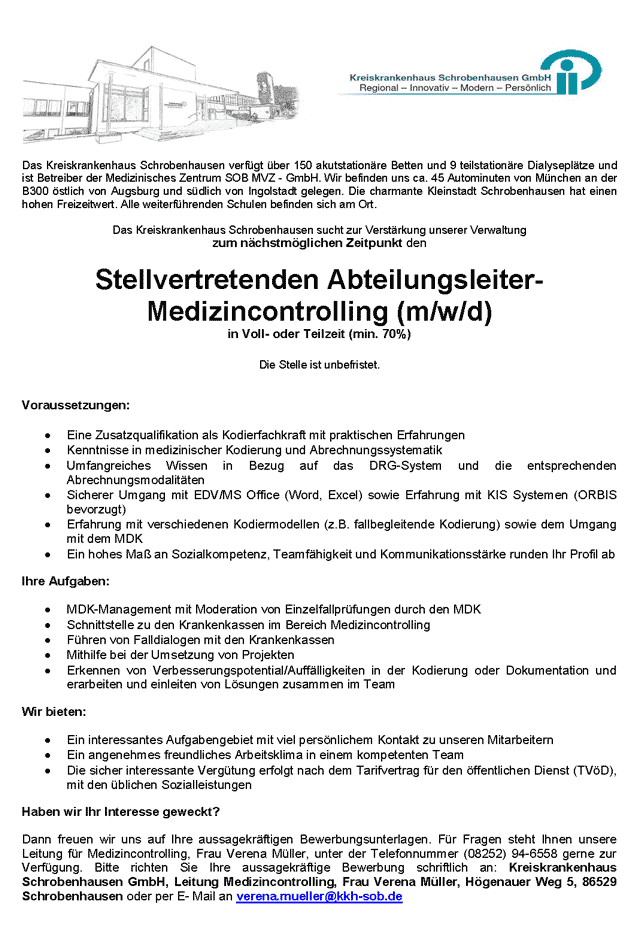 Kreiskrankenhaus Schrobenhausen GmbH: Stellvertretender Abteilungsleiter Medizincontrolling (m/w/d)