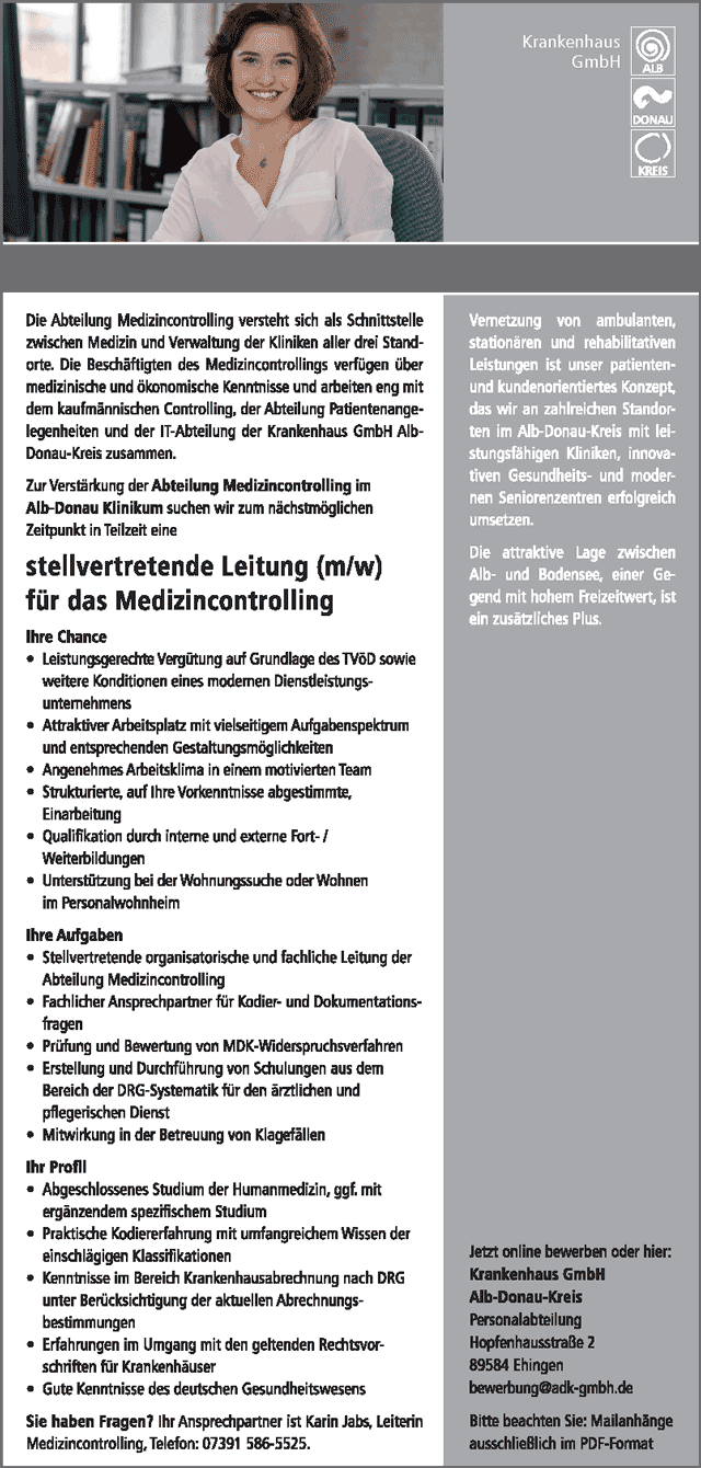 ADK GmbH für Gesundheit und Soziales, Ehingen: Stellv. Leitung Medizincontrolling (w/m)