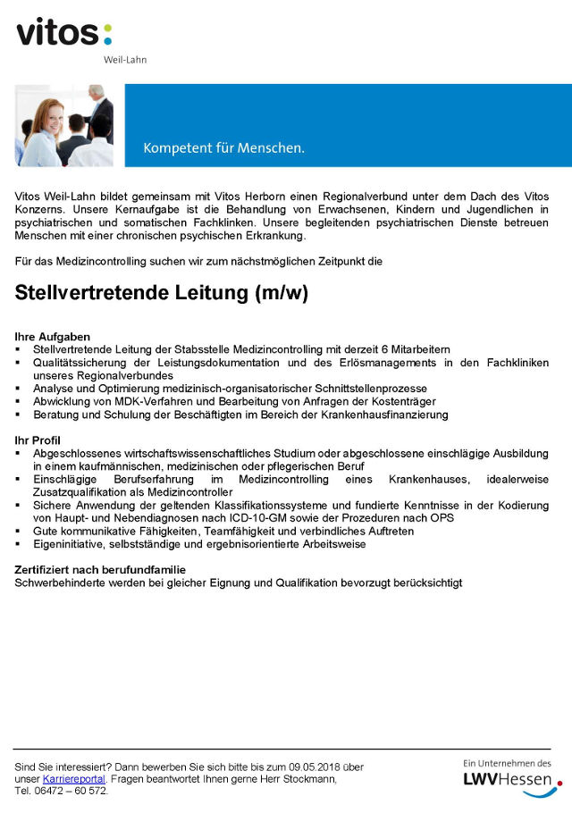 Vitos Weil-Lahn, Weilmünster: Stellvertretende Leitung Medizincontrolling (m/w)