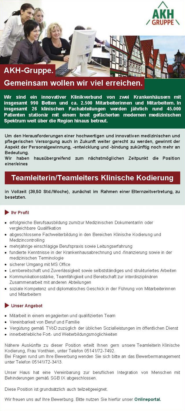 Allgemeines Krankenhaus Celle: Teamleiter Klinische Kodierung (m/w)