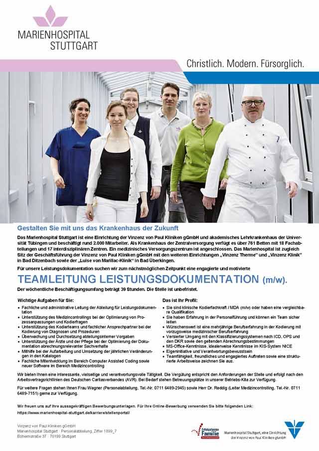 Marienhospital Stuttgart: Teamleitung Leistungsdokumentation (m/w)