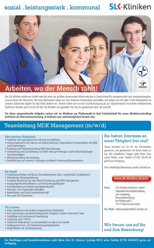 SLK-Kliniken Heilbronn GmbH: Teamleitung MDK Management (m/w/d)