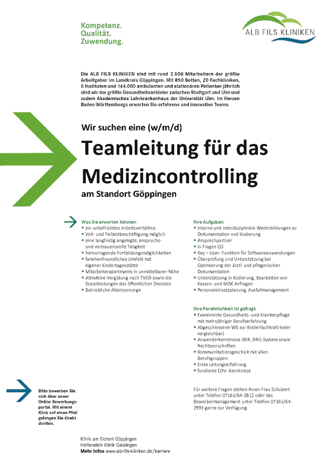 ALB FILS KLINIKEN GmbH Göppingen: Teamleitung Medizincontrolling (w/m/d)