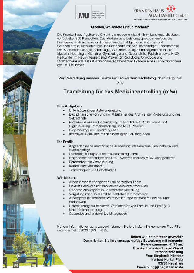 Krankenhaus Agatharied GmbH, Hausham: Teamleitung Medizincontrolling (m/w)