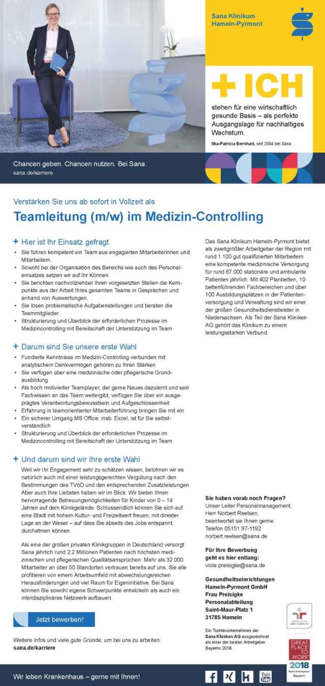 Sana Klinikum Hameln-Pyrmont: Teamleitung Medizin-Controlling (m/w)