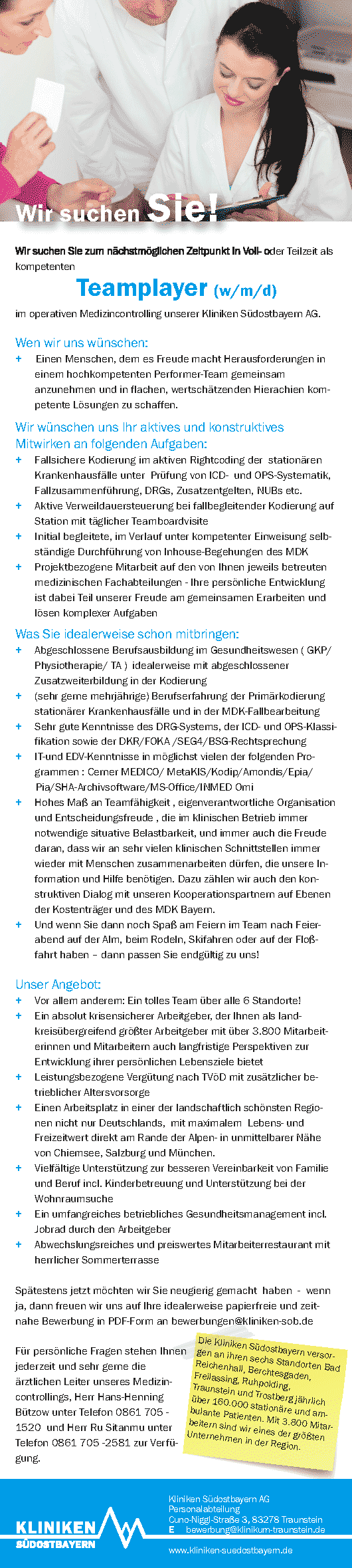 Kliniken Südostbayern AG Traunstein: Teamplayer im operativen Medizincontrolling (w/m/d)