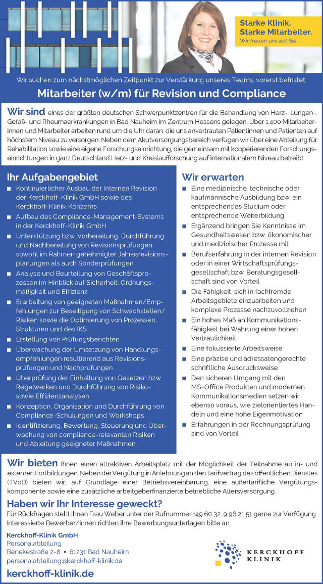 Kerckhoff Klinik GmbH, Bad Nauheim: Mitarbeiter Revision und Compliance (w/m)