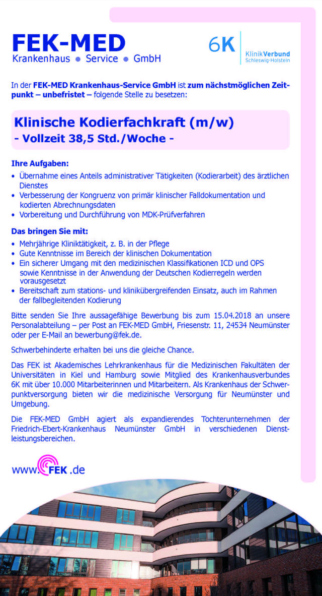 FEK-MED Krankenhaus-Service GmbH, Neumünster: Klinische Kodierfachkraft (m/w)