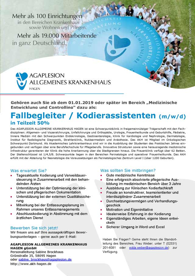 AGAPLESION Allgemeines Krankenhaus Hagen gGmbH: Fallbegleiter / Kodierassistent (m/w/d)