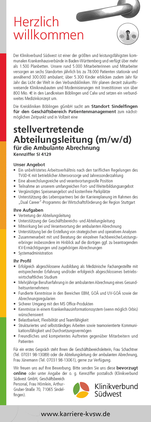Klinikverbund Südwest GmbH: Stellvertretende Abteilungsleitung für die ambulante Abrechnung (m/w/d)