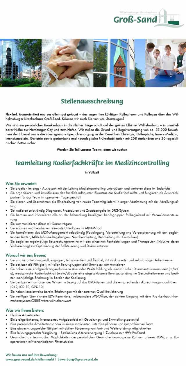 Wilhelmsburger Krankenhaus Groß-Sand Hamburg: Teamleitung Kodierfachkräfte (m/w/d)