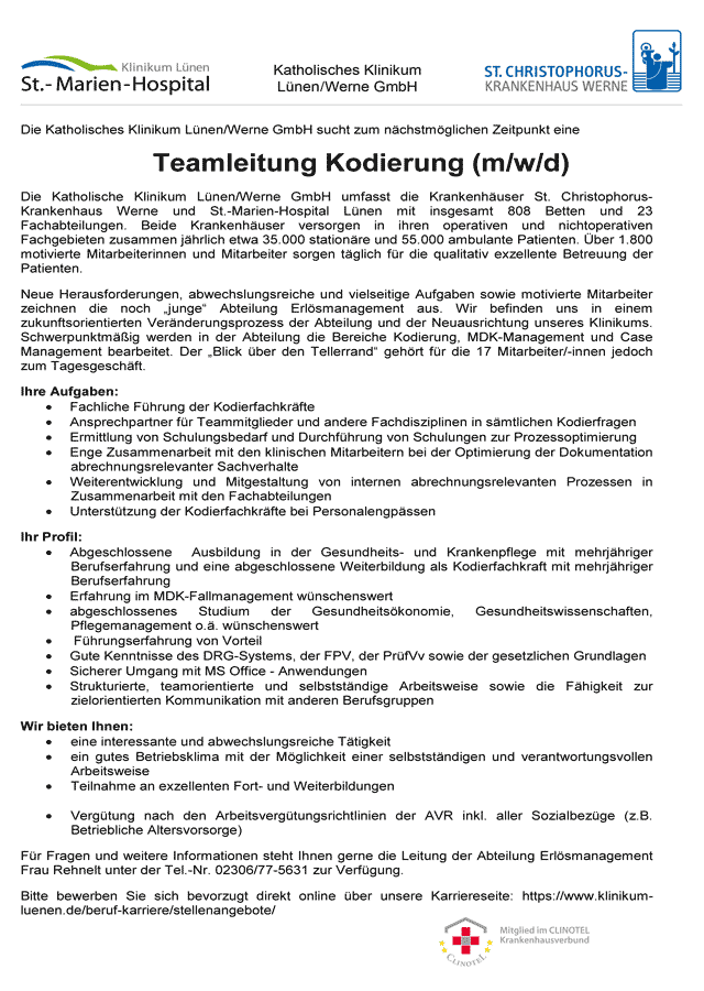Katholisches Klinikum Lünen / Werne GmbH: Teamleitung Kodierung (m/w/d)