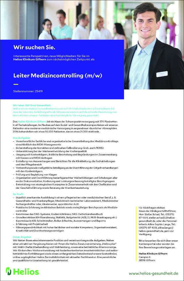 HELIOS Klinikum Gifhorn: Leiter Medizincontrolling (m/w)